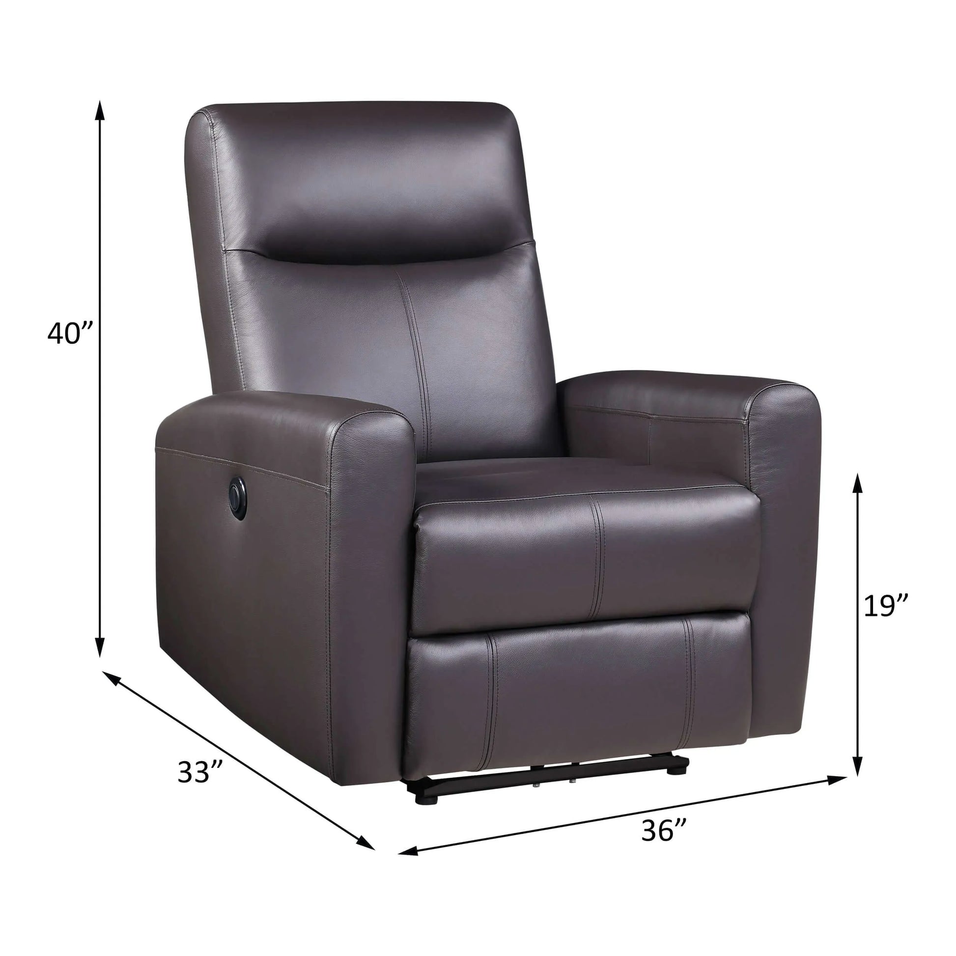 Brown leather recliner chair with dimensions on a white background