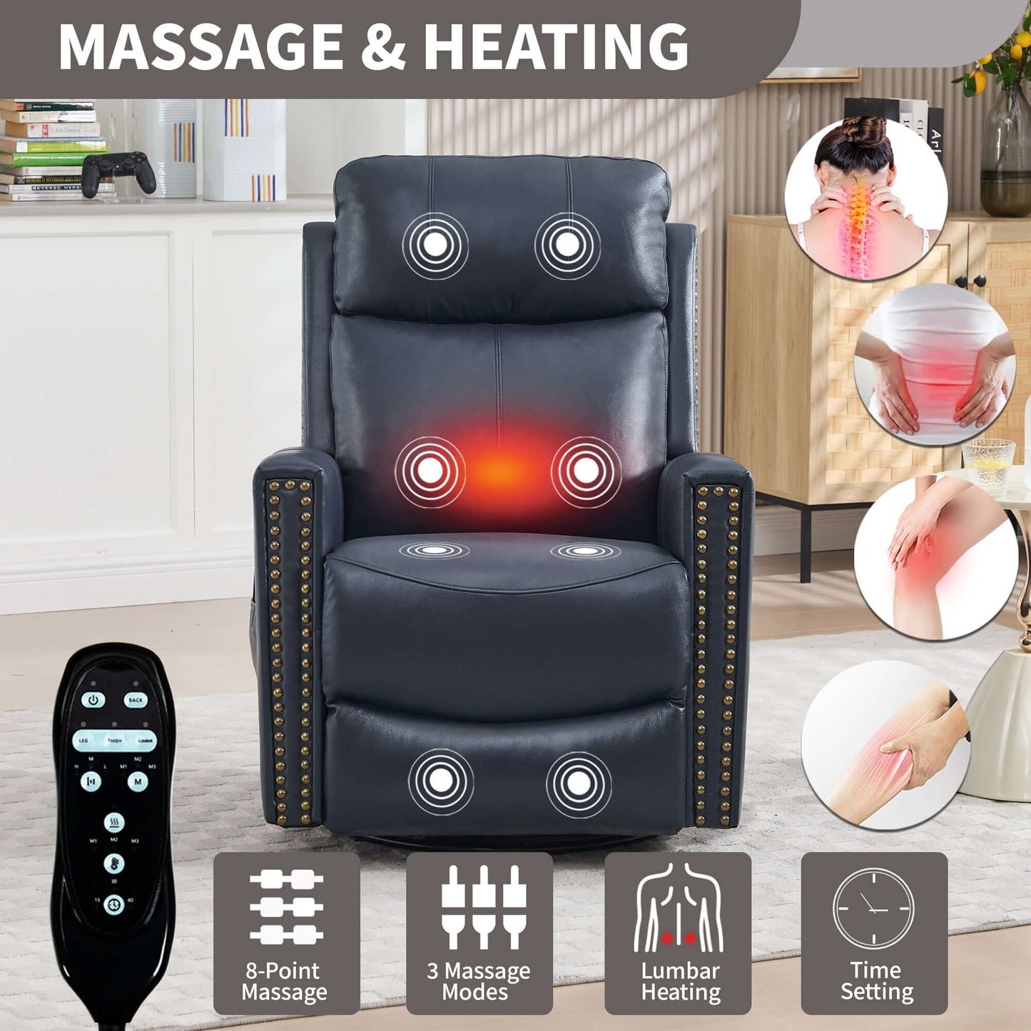 Blue Recliner w/ Heat, Massage, Rocker & Swivel – Manual