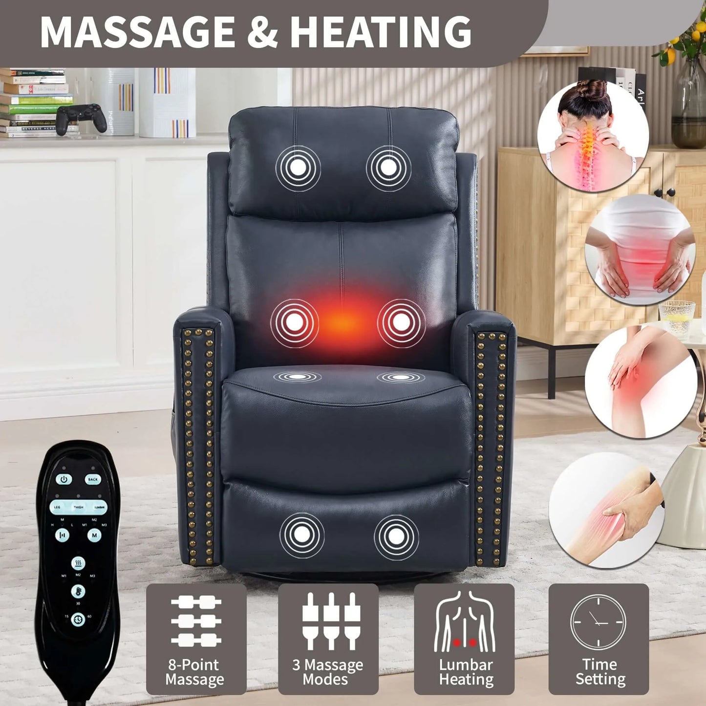 Massage and heating recliner chair with remote control in a living room setting