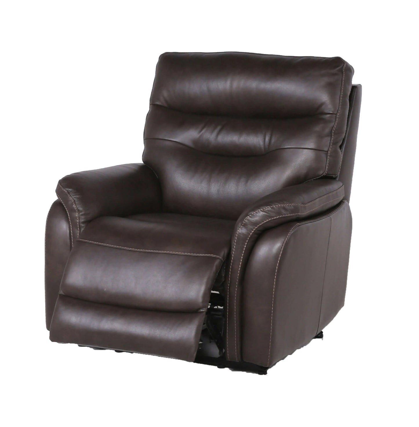 Brown leather recliner chair with footrest extended on a white background
