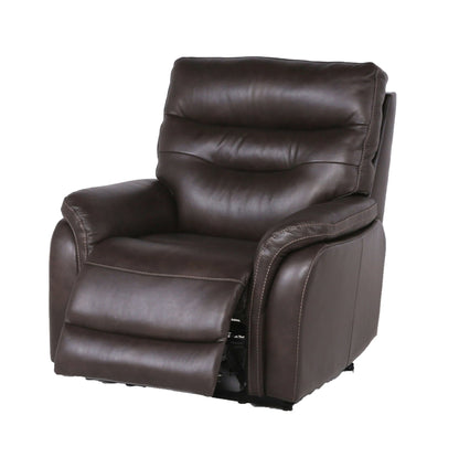 Brown leather recliner chair with footrest extended on a white background