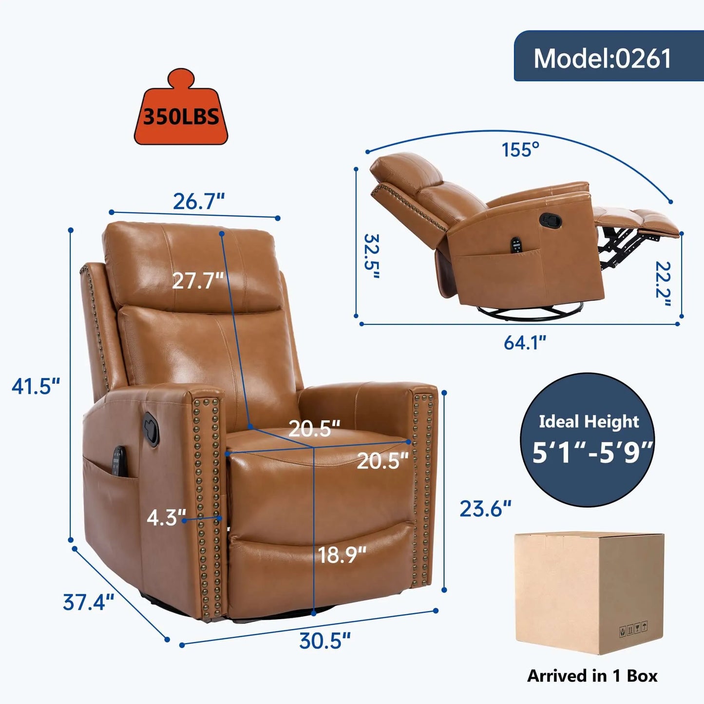 Brown recliner chair with dimensions and features on a white background