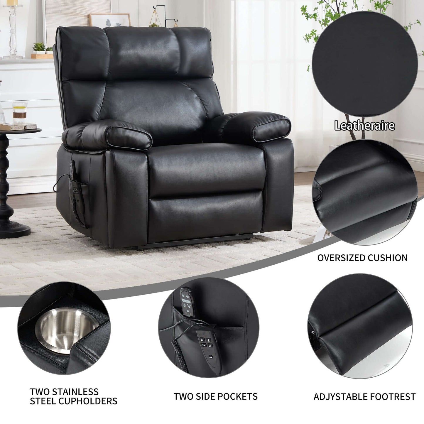 Leatheraire Power Lift Recliner w/ Heat, Massage & Remote/Black