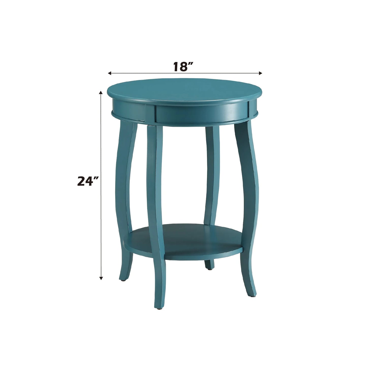 Teal end table with dimensions on a white background
