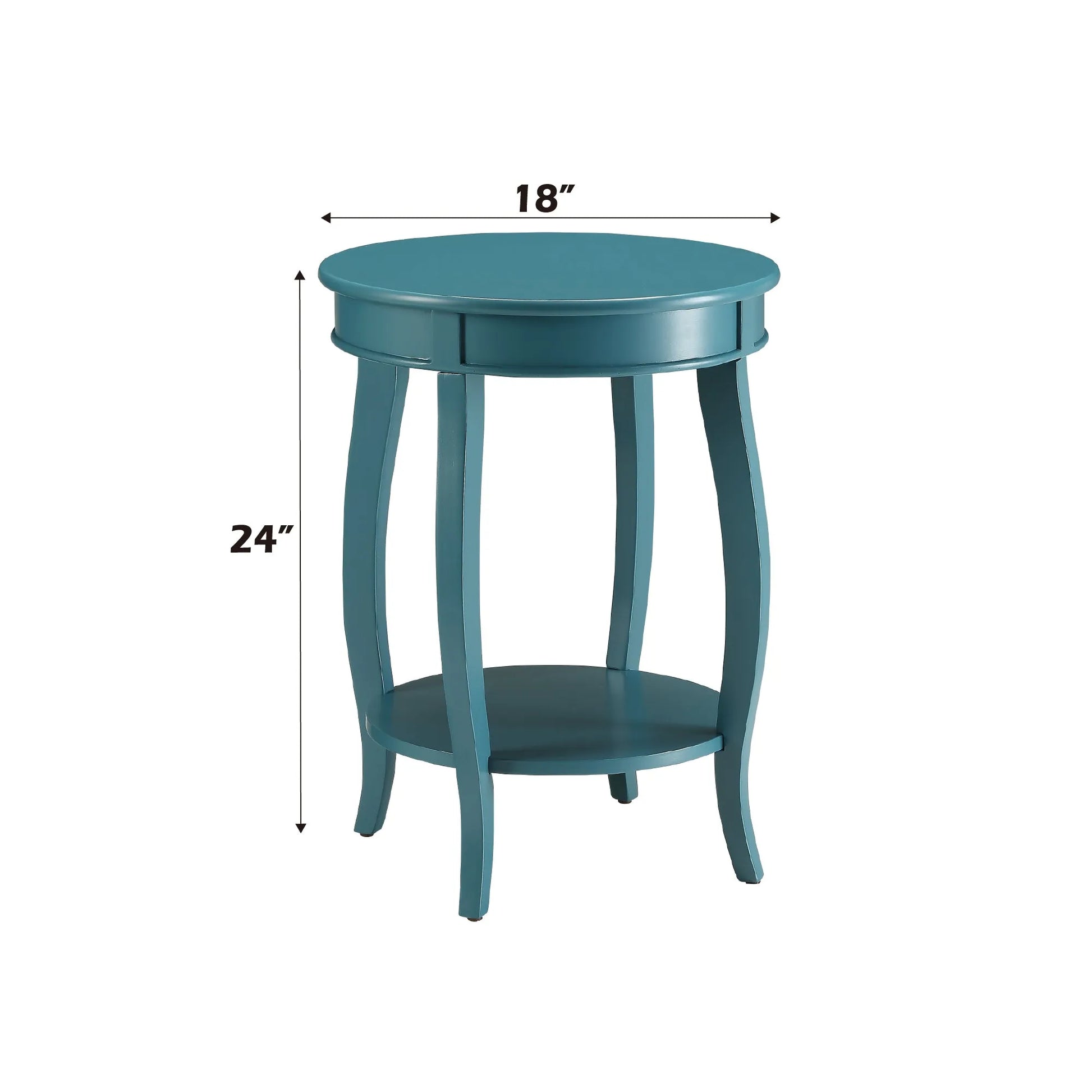 Teal end table with dimensions on a white background