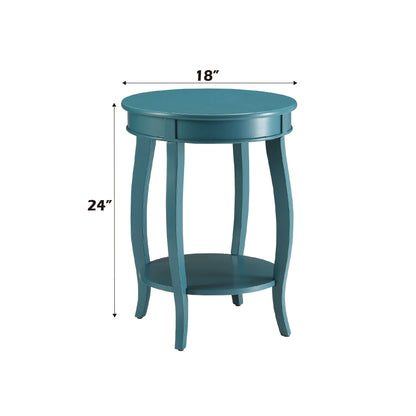 Teal end table with dimensions on a white background