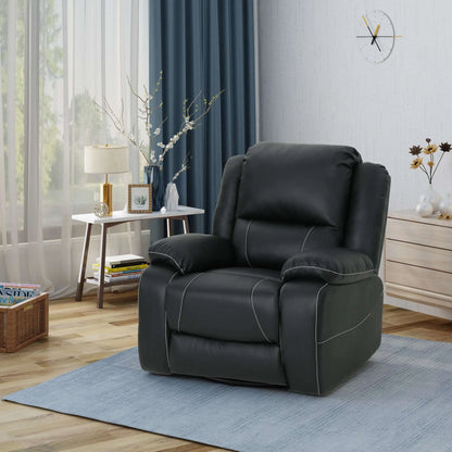 Black Modern Faux Leather Manual Swivel Recliner with 360-Degree Rotation in a room with a white end table and blue carpet.