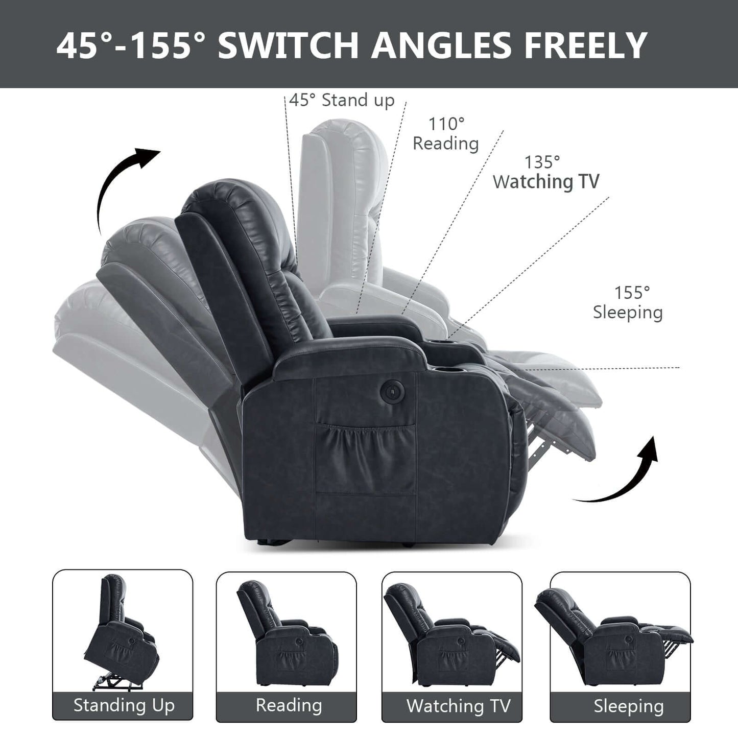 350 LB Power Lift Recliner w/ Massage, Heat, USB, Cup Holders-Gray