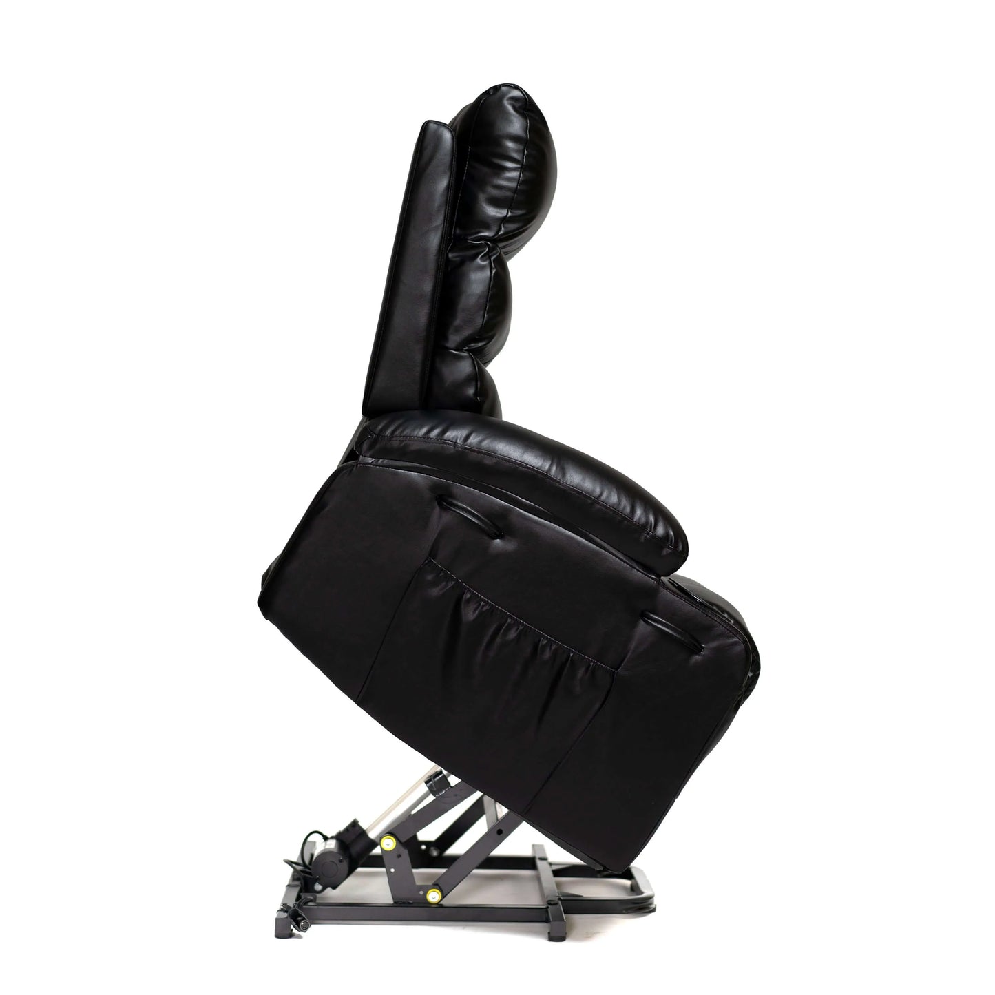 Side view of a black faux leather power lift recliner chair in full lift position on a white background