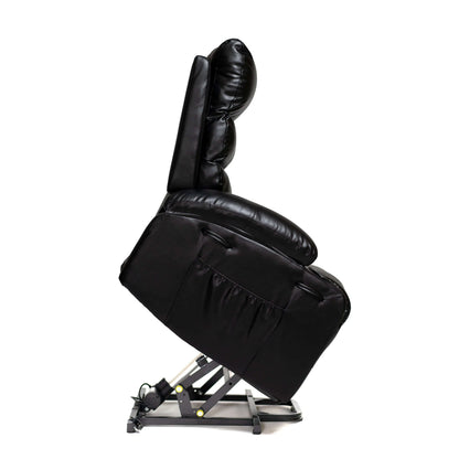 Side view of a black faux leather power lift recliner chair in full lift position on a white background