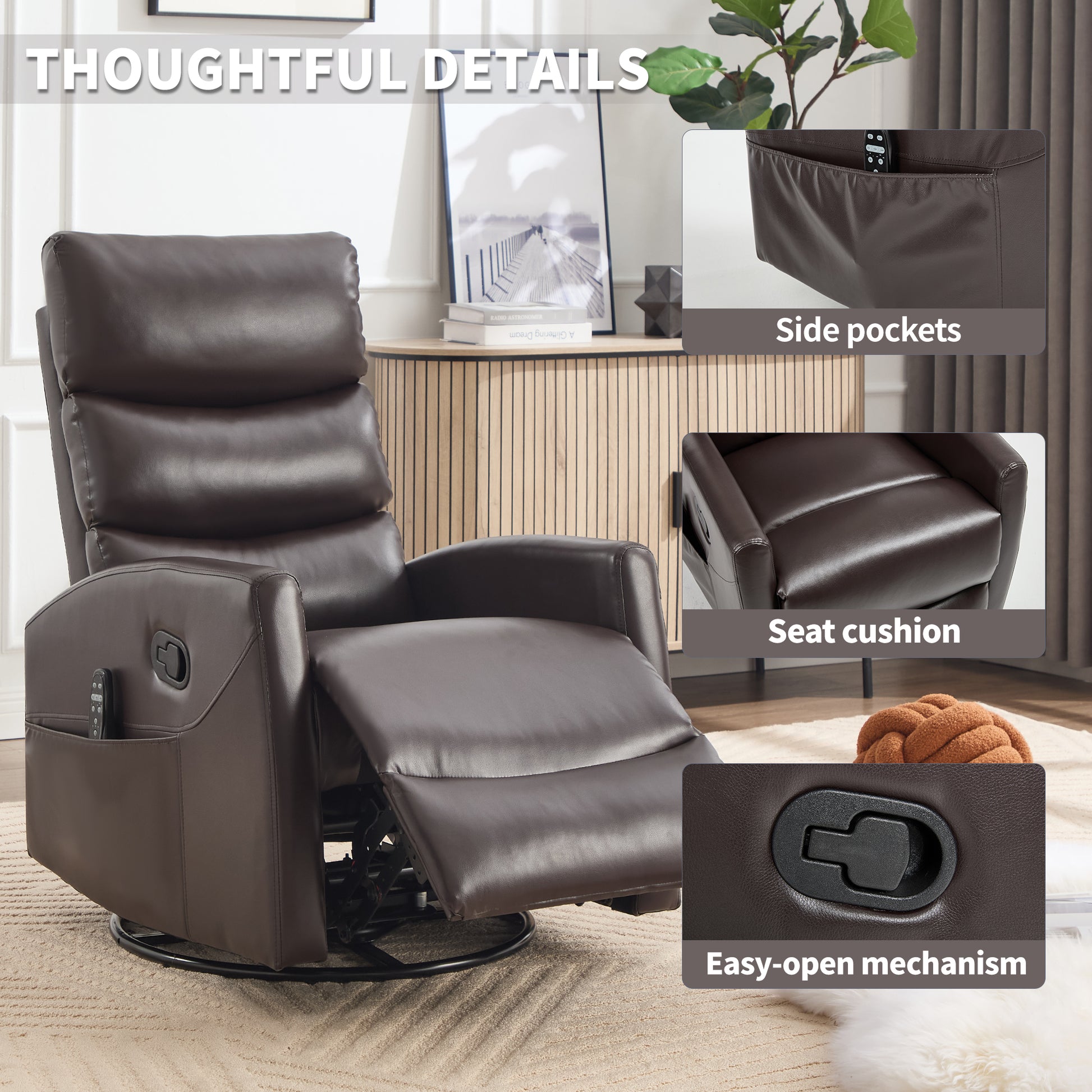 Brown recliner chair with highlighted features in a living room setting