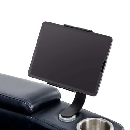 Black tablet holder on a blue recliner chair with a white background