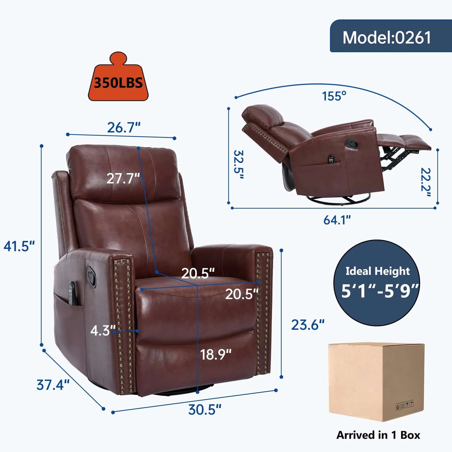 Brown recliner chair with dimensions and features labeled
