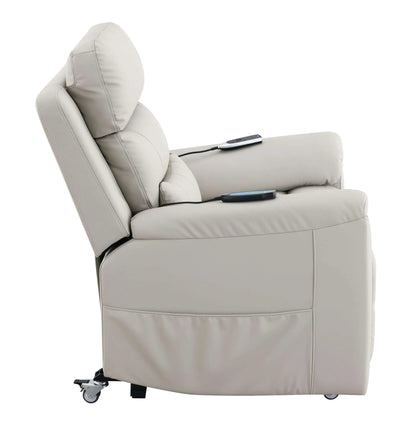Side view of a light gray recliner lift chair with remote control on a white background