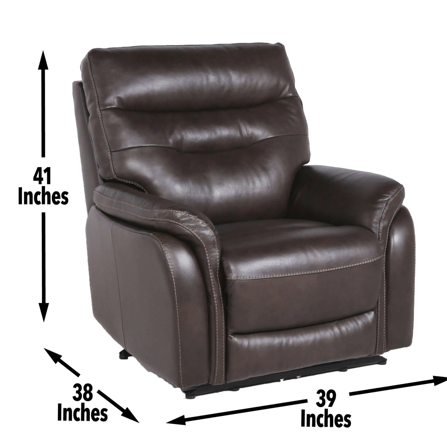 Brown leather recliner chair with dimensions labeled on a white background