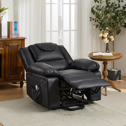 Black leather recliner chair fully reclined in a living room setting with a wooden cabinet and table.