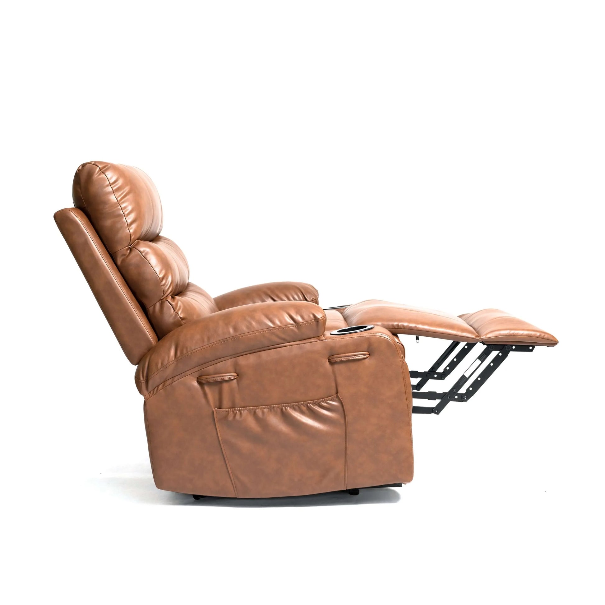 Side view of a brown leather power lift recliner chair with footrest extended on a white background