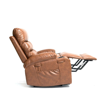 Side view of a brown leather power lift recliner chair with footrest extended on a white background