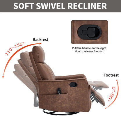 Brown soft swivel recliner chair with labeled parts on a white background