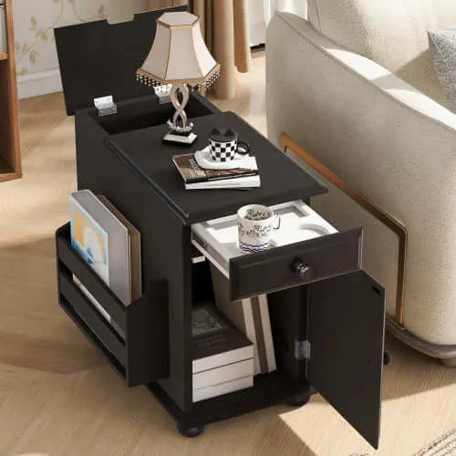 Dark brown side table with open drawer in a living room setting