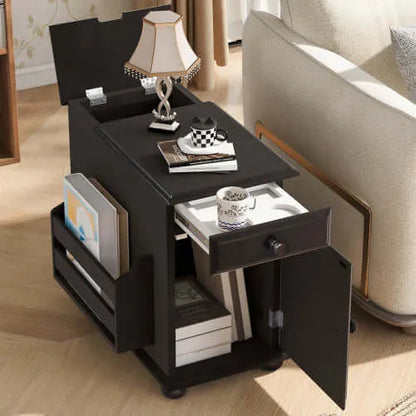 Dark brown side table with open drawer in a living room setting