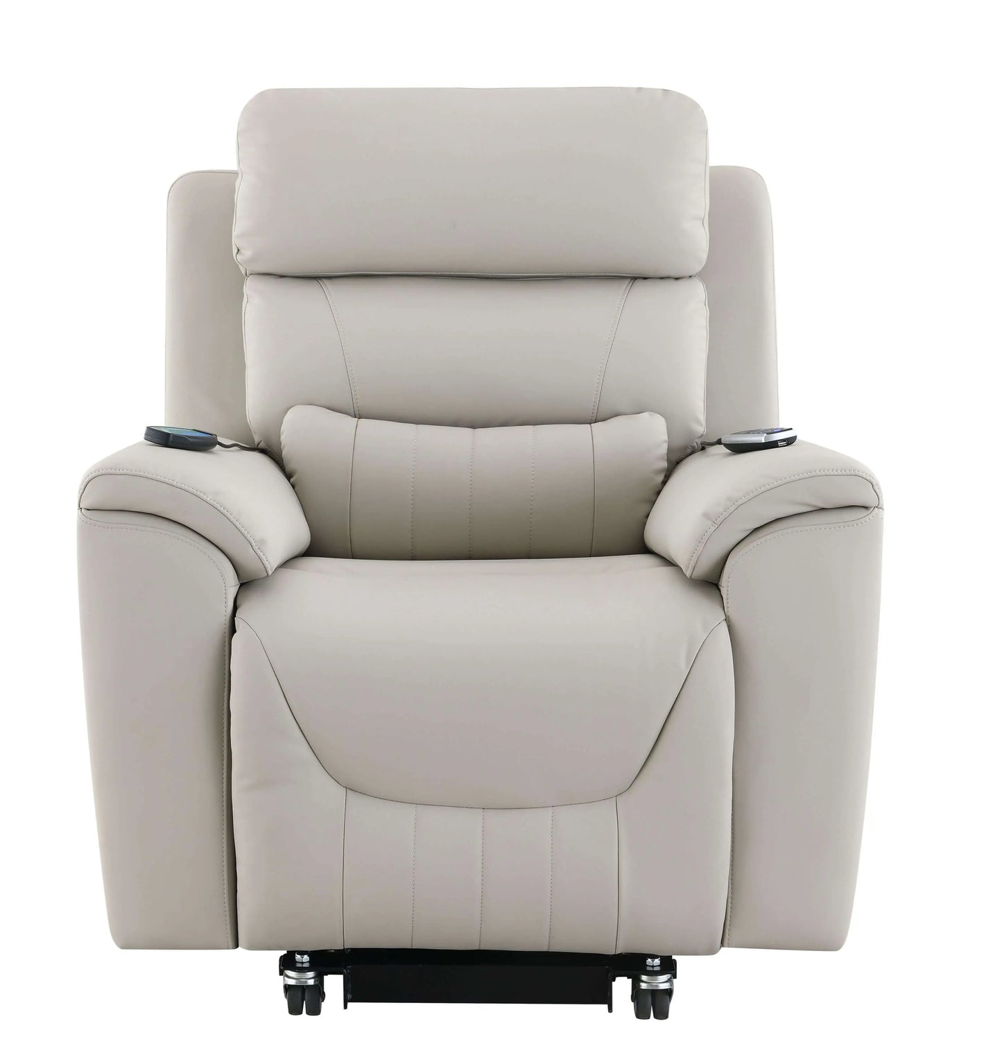 Front view of a light gray recliner chair with  controls on a white background