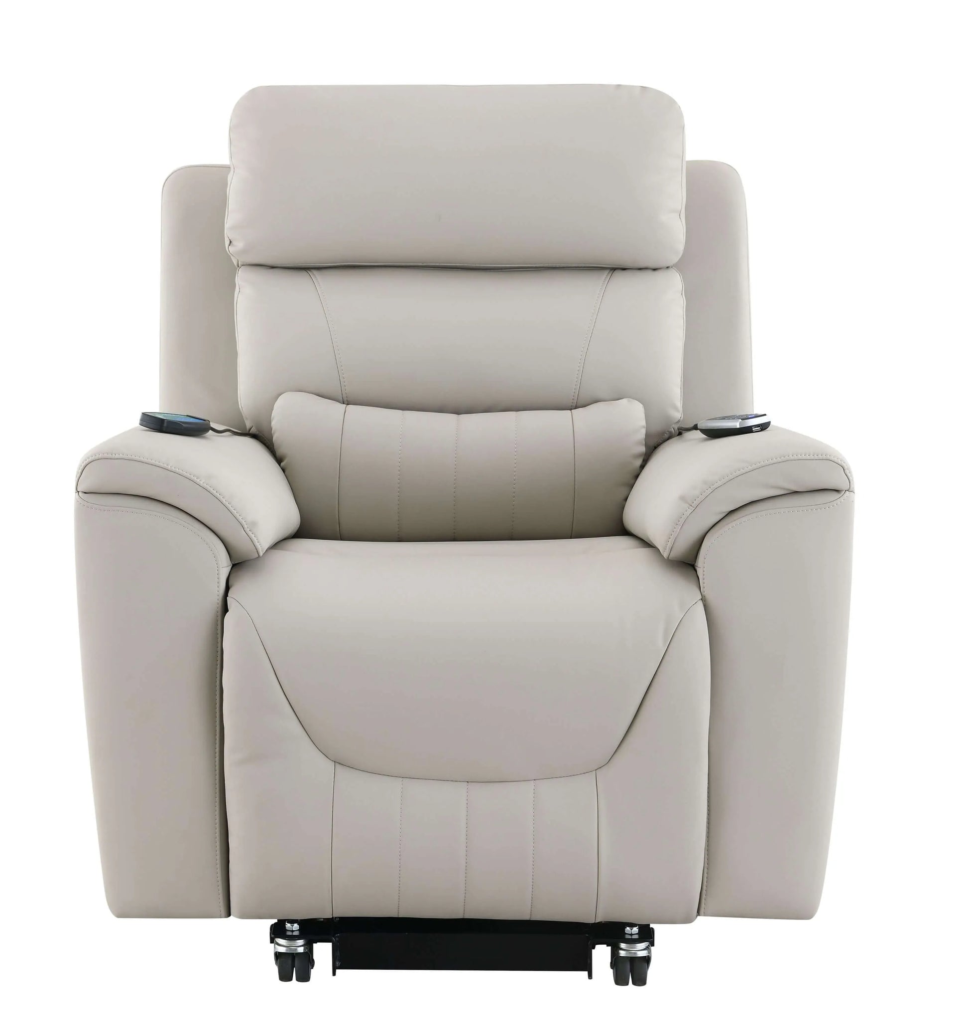 Front view of a light gray recliner chair with  controls on a white background