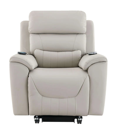 Front view of a light gray recliner chair with  controls on a white background