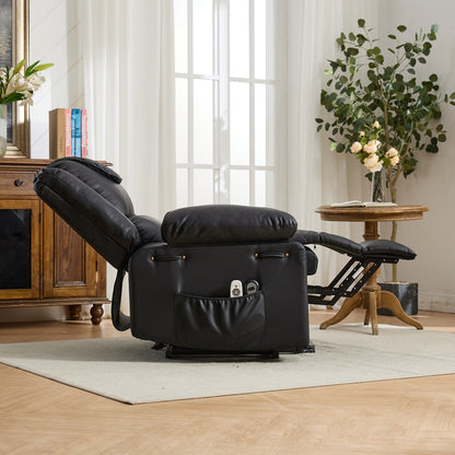 Fully reclined black recliner chair in a living room setting with a wooden cabinet and table in the background.