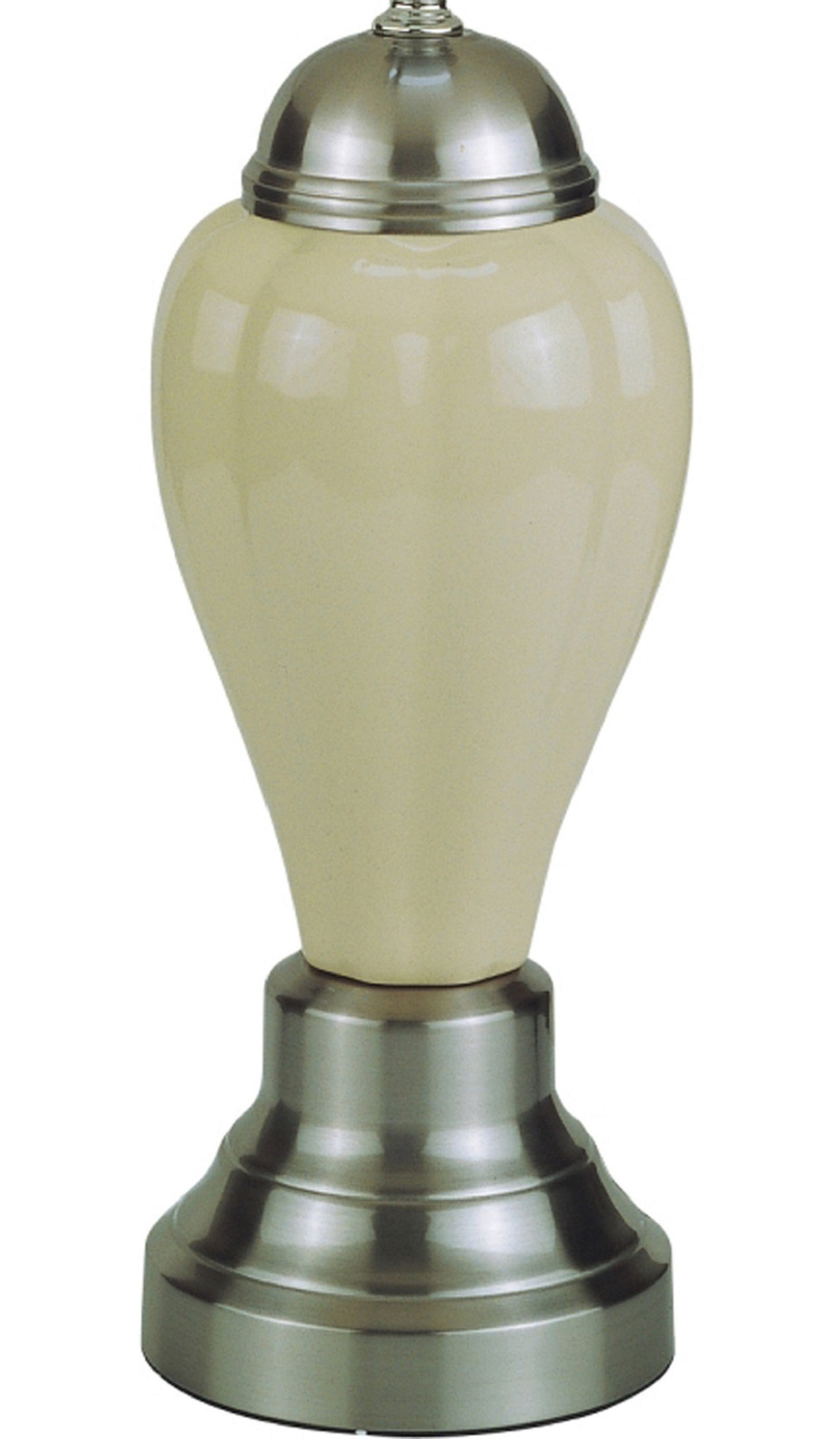 Decorative lamp with beige ceramic base and silver metal top on a white background