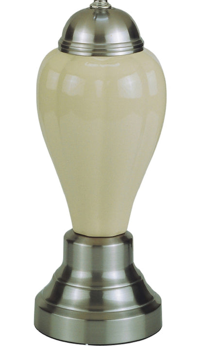 Decorative lamp with beige ceramic base and silver metal top on a white background