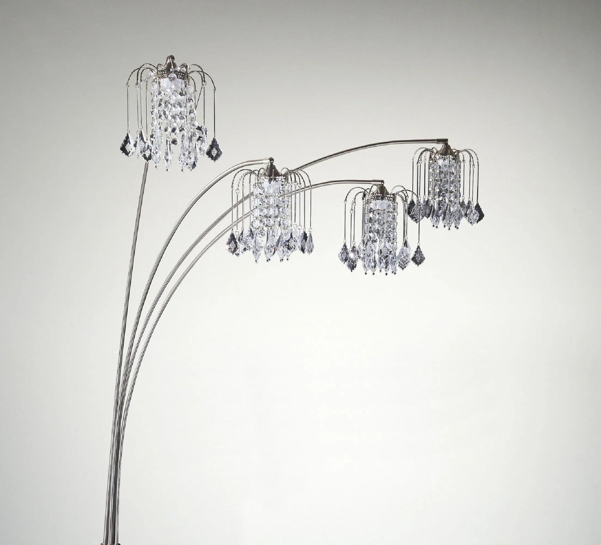 Chandelier-style floor lamp with crystal accents on a gray background