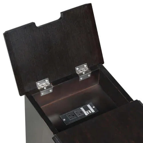 Dark brown end table with open door to electronic device with a power outlet on a white background