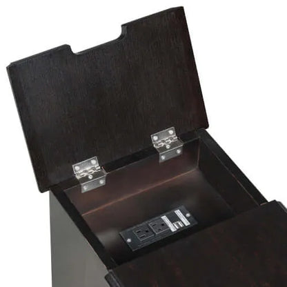 Dark brown end table with open door to electronic device with a power outlet on a white background