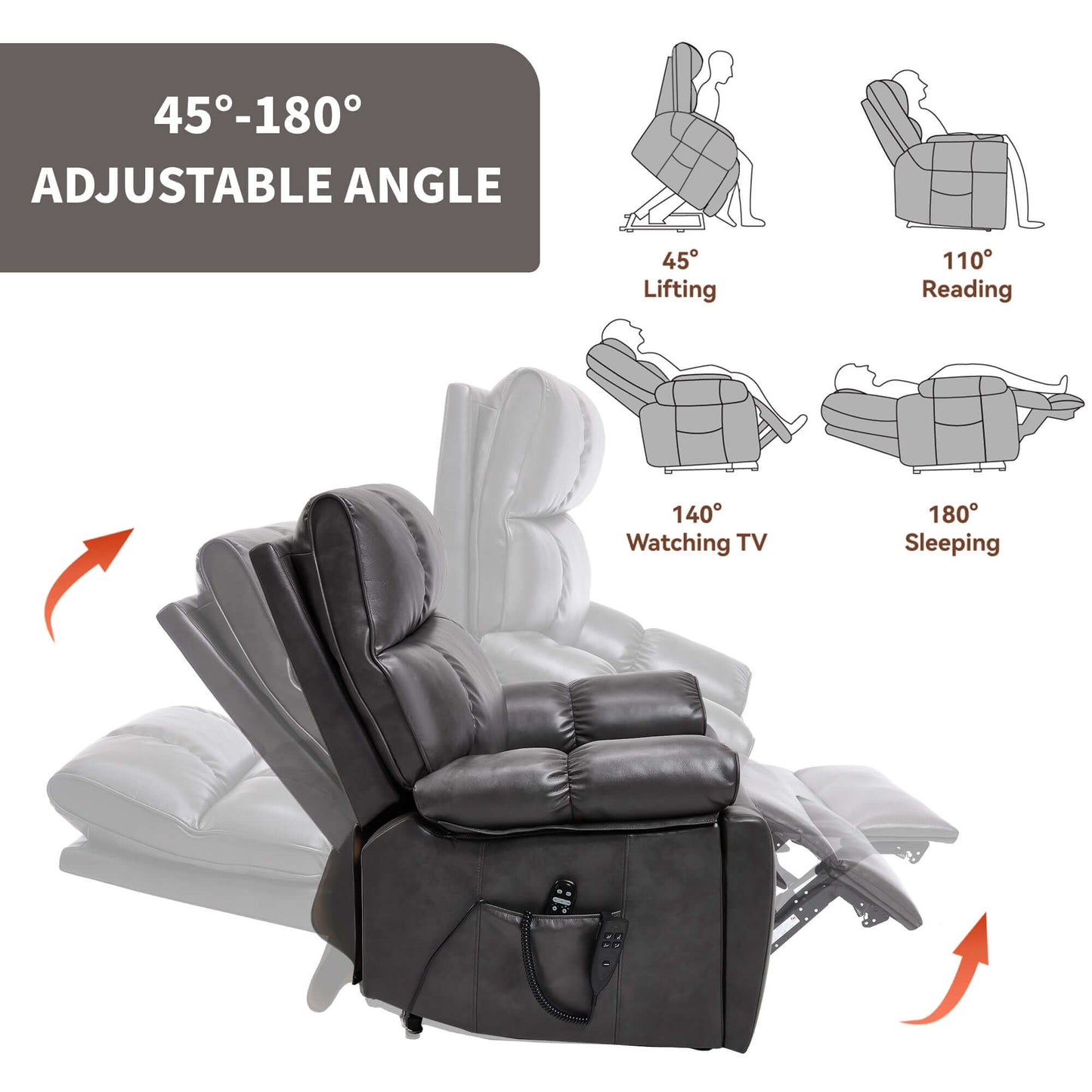 Leatheraire Power Lift Recliner w/ Heat, Massage & Remote/Dark Gray