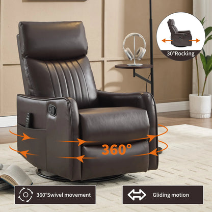 Brown leather recliner chair with 360-degree swivel, rocking, and gliding features in a room setting.