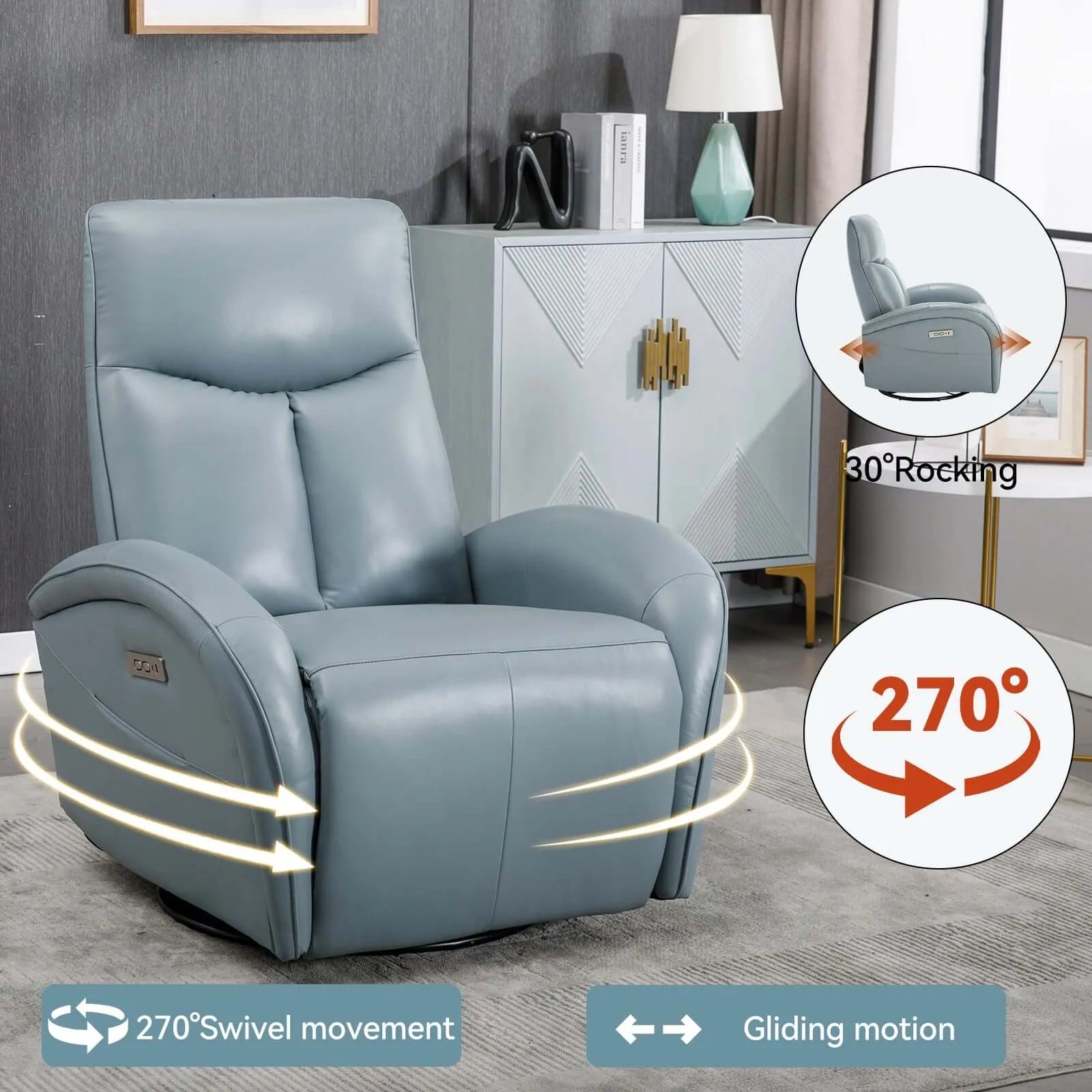 Blue recliner chair with rocking, swivel, and gliding motion features in a room setting.