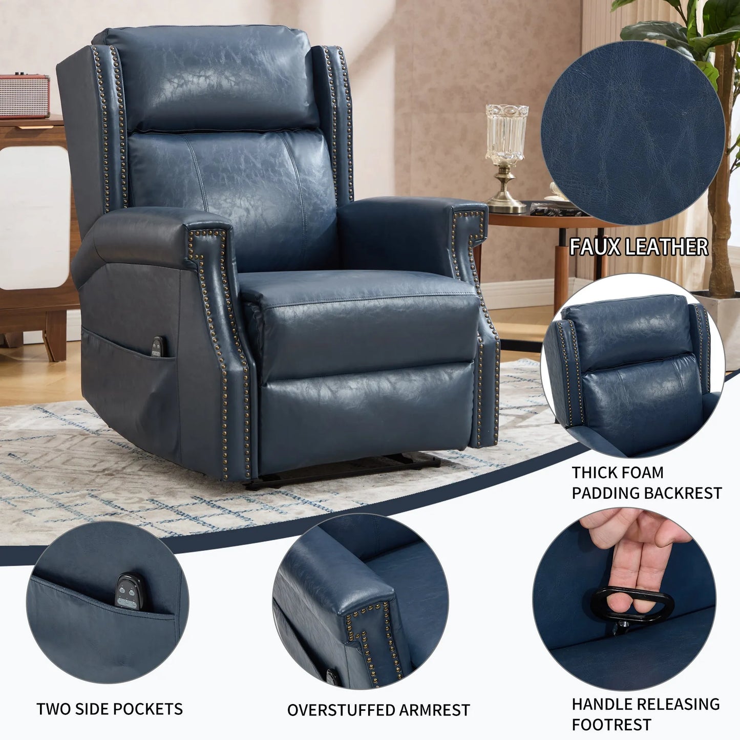 Blue recliner chair with features highlighted on a neutral background