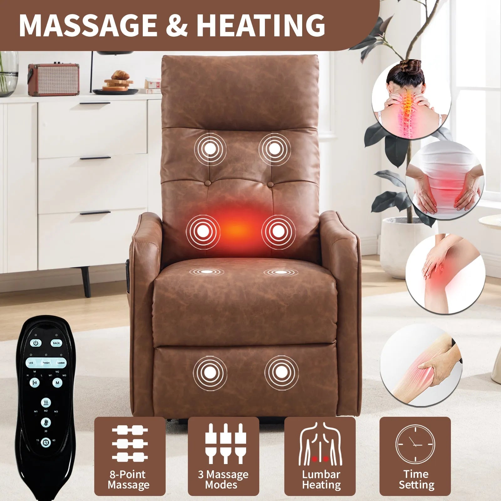 Brown massage lift chair with remote control in a living room setting, highlighting massage and heating features.
