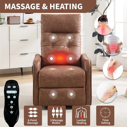 Brown massage lift chair with remote control in a living room setting, highlighting massage and heating features.