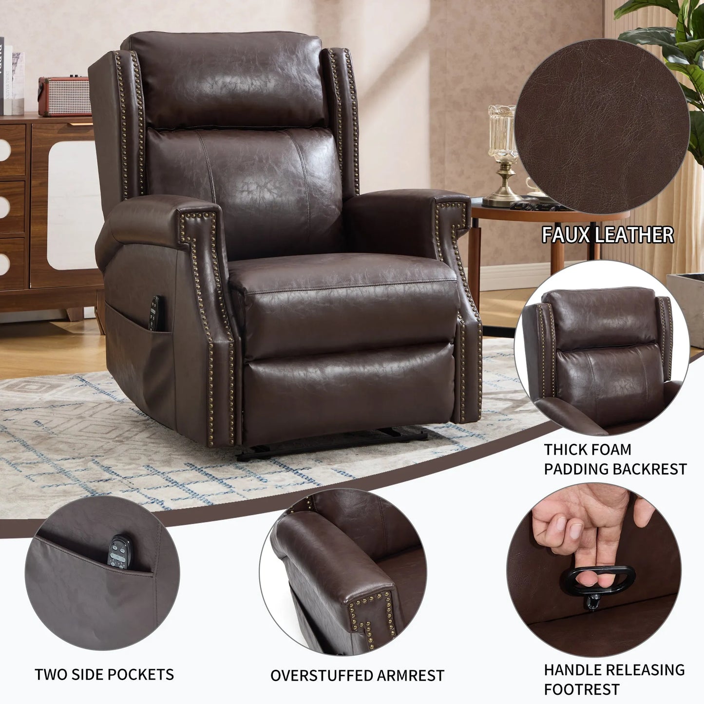 Brown faux leather recliner chair with features highlighted on a neutral background