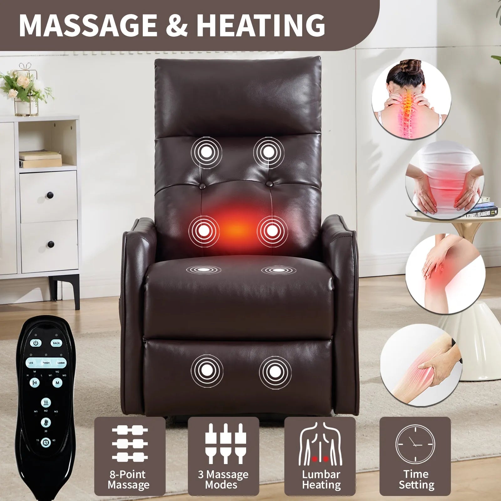 Brown massage recliner chair with remote control and feature icons in a home setting