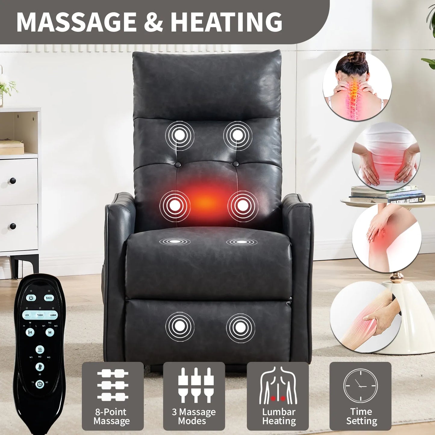 Black massage recliner chair with massage and heating functions, remote control, and images of massage points.