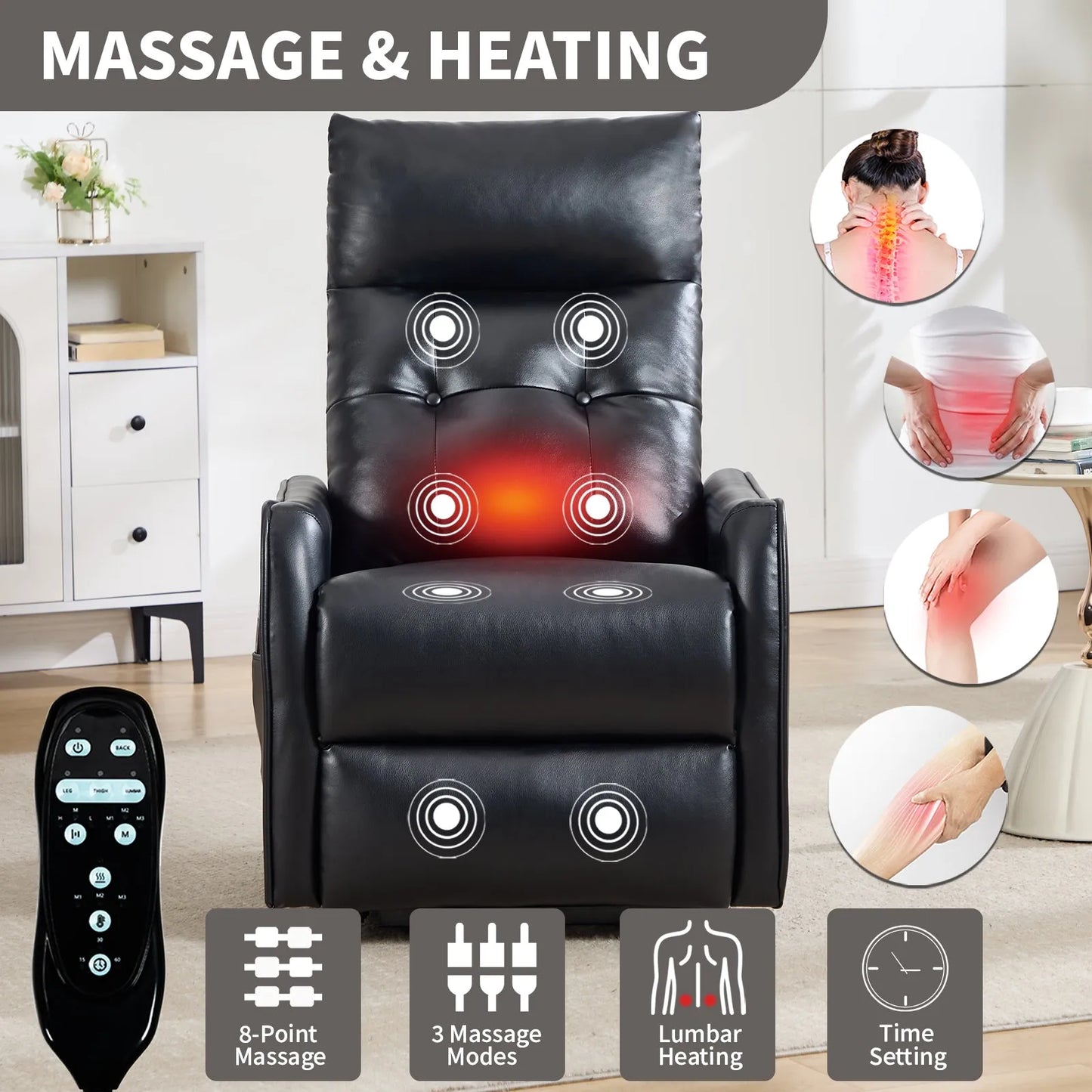Black massage lift chair with heating and massage functions, surrounded by icons and images of its features.