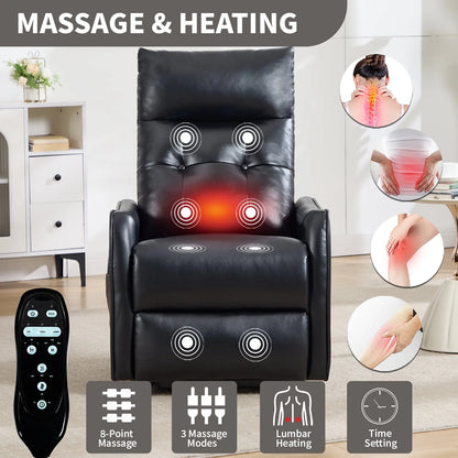 Black massage lift chair with heating and massage functions, surrounded by icons and images of its features.