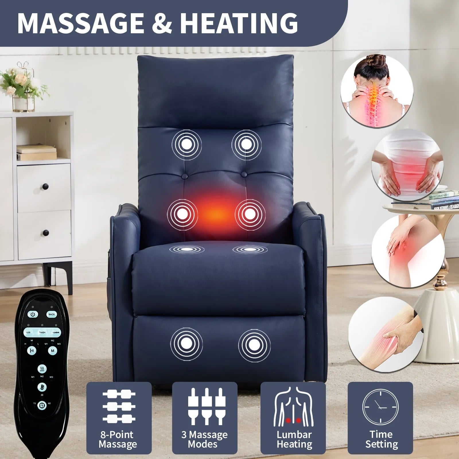 Blue massage recliner chair with remote control and massage modes displayed, set in a home interior.