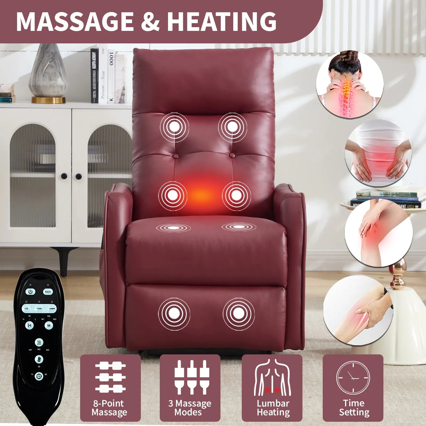 Massage and heating recliner chair with remote control, highlighting features on a neutral background.