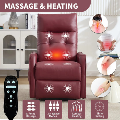 Massage and heating recliner chair with remote control, highlighting features on a neutral background.