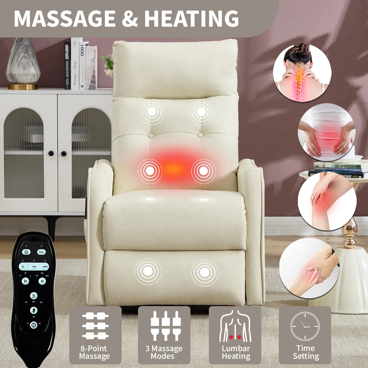 Massage and heating recliner chair with remote control in a living room setting