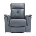 Front view of a blue gray leather recliner chair on a white background